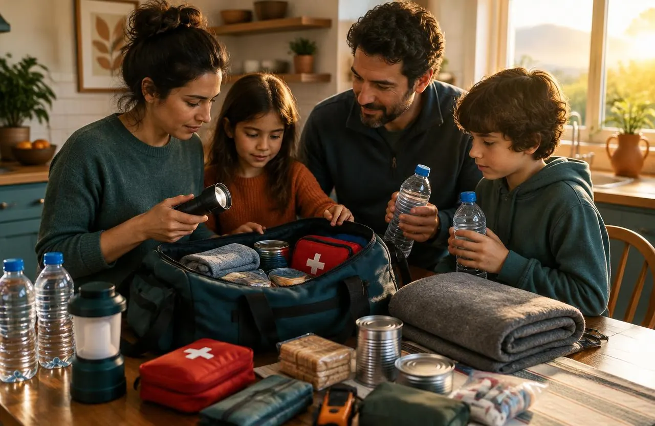 A family beside an open go-kit, checking a flashlight and water.