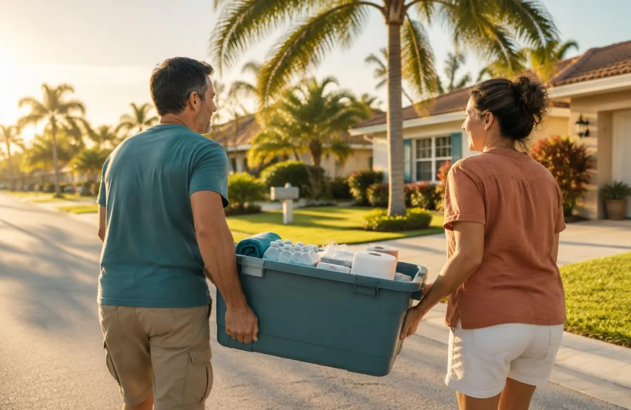 Two neighbors carrying a supply bin together outside a house.