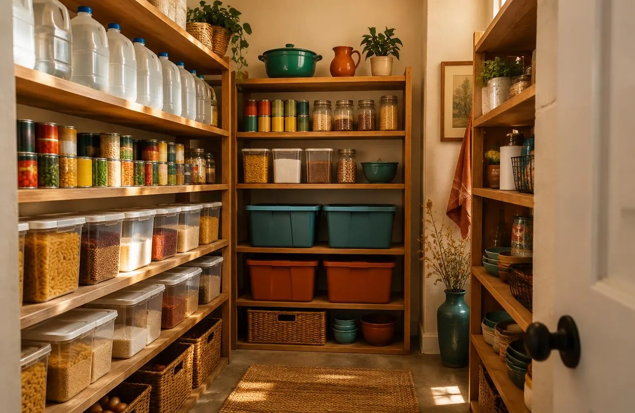 A stocked pantry with water jugs, cans, and closed bins.